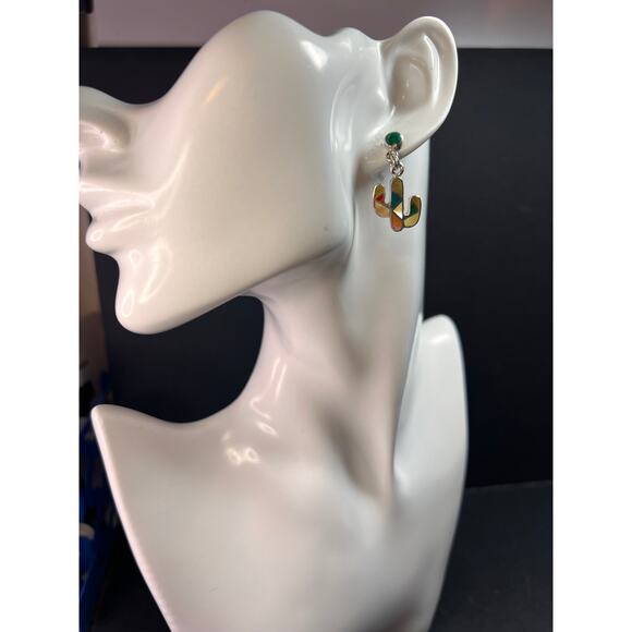 NEW Sterling Silver Peruvian Art Mosaic Cactus Earrings – Multi-Gemstone Inlay - Picture 9 of 12